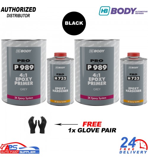 2x HB BODY P989 Epoxy Primer Kit Black 5L + H732 Hardener With 1x glove pair